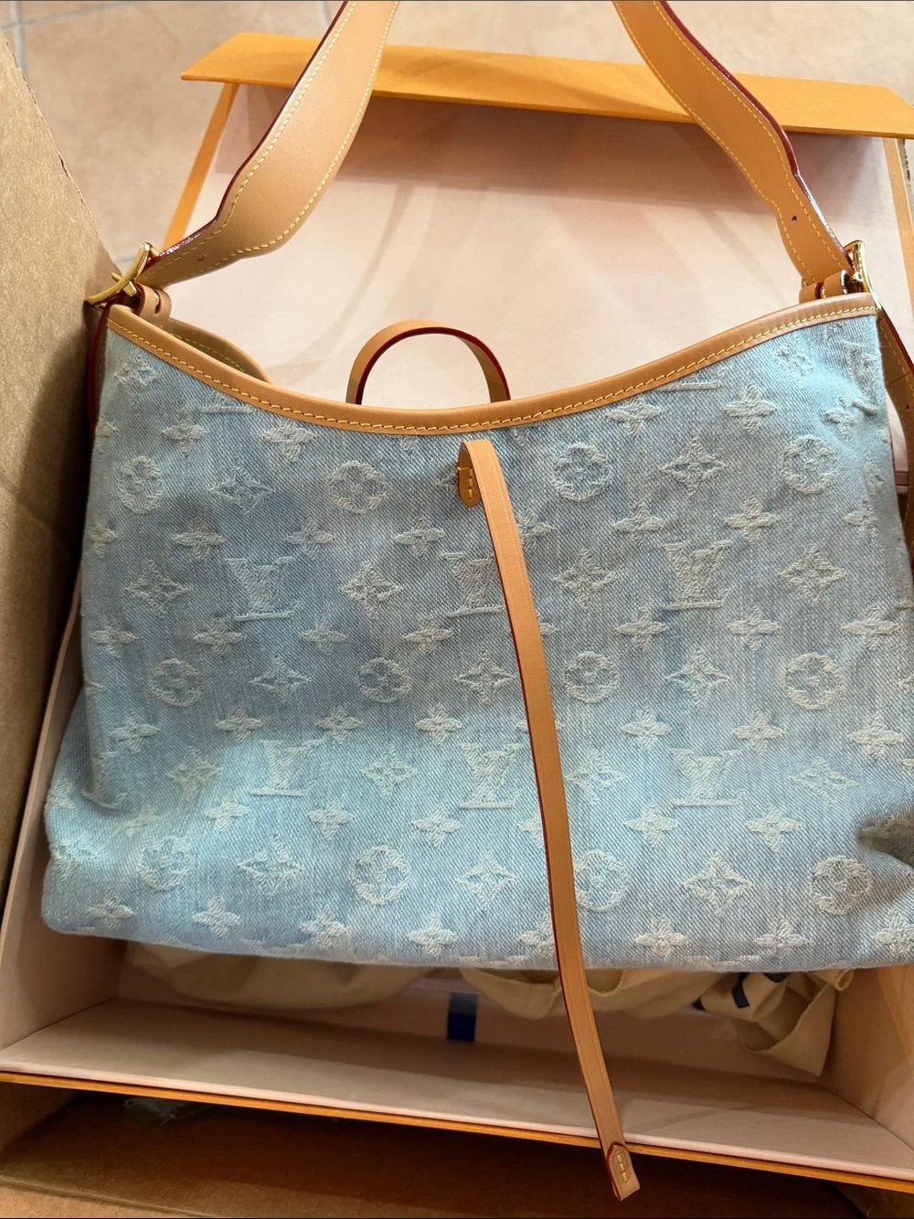 Louis Vuitton Denim Monogram Tote in Light Blue with Tan Trim